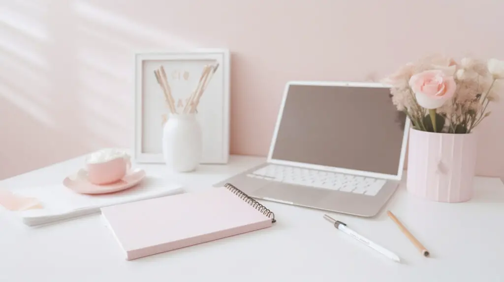feminine workspace, laptop, desk